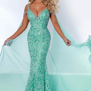 Johnathan Kayne Aqua Sequin Prom Dress